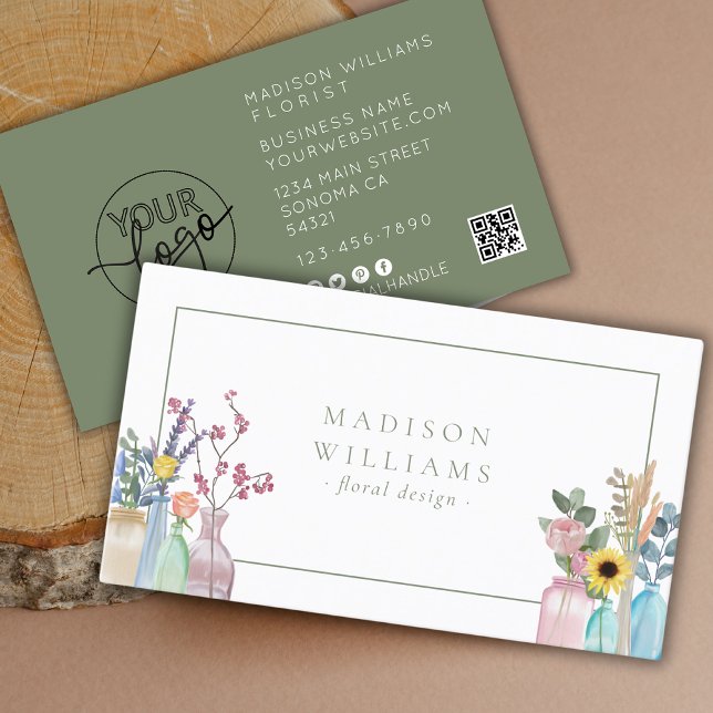 Carte De Visite Elégant aquarelle fleuriste logo QR Code (Créateur téléchargé)