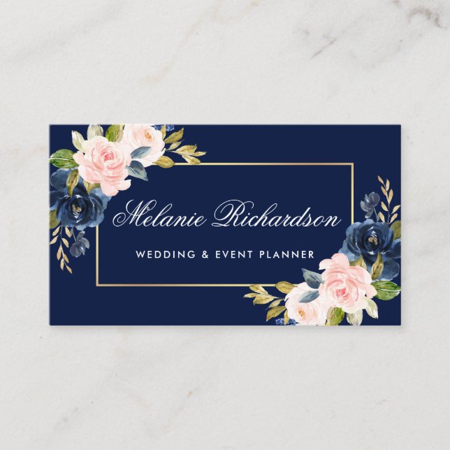 Carte De Visite Elégant Aquarelle Pink Blush Floral Gold Blue (Devant)