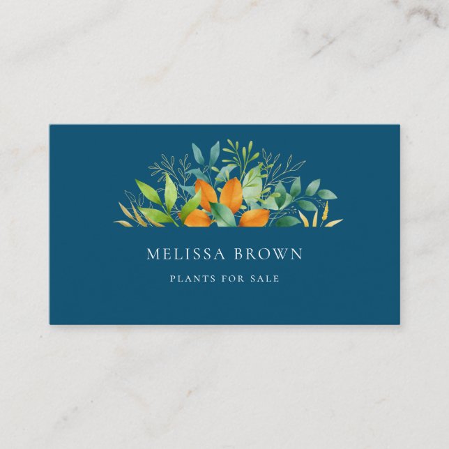 Carte De Visite Elégant Aquarelle Verdure Feuillage Botanique Bleu (Devant)