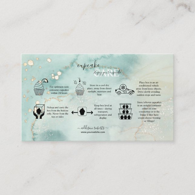 Carte De Visite Elégant Aquarelle Vert Cupcake Care Busin (Devant)