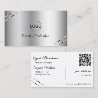 Carte De Visite Élégant Argent avec Logo et Code QR à Lignes Brill