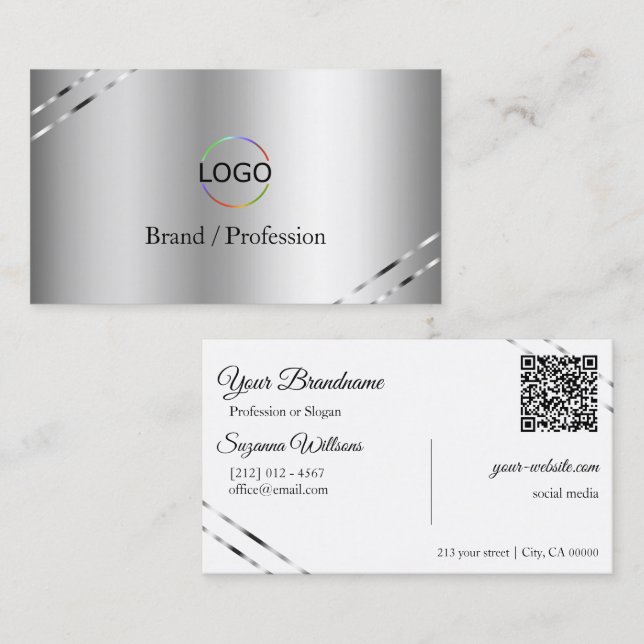 Carte De Visite Élégant Argent avec Logo et Code QR à Lignes Brill (Devant / Derrière)