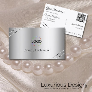 Carte De Visite Élégant Argent avec Logo et Code QR à Lignes Brill