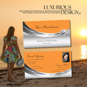 Carte De Visite Élégant Argent Orange avec Photo Sparkle Diamond