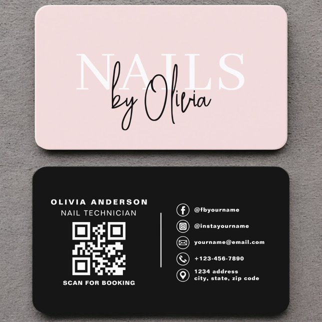 Carte De Visite Elégant artiste ongle noir noir rose QR Code (Créateur téléchargé)