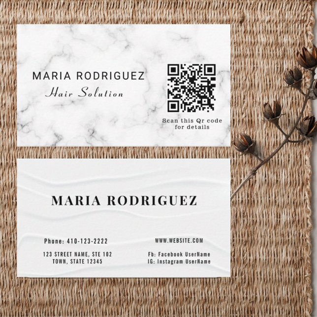 Carte De Visite Élégant avec intégration de marbre blanc et code Q (Créateur téléchargé)