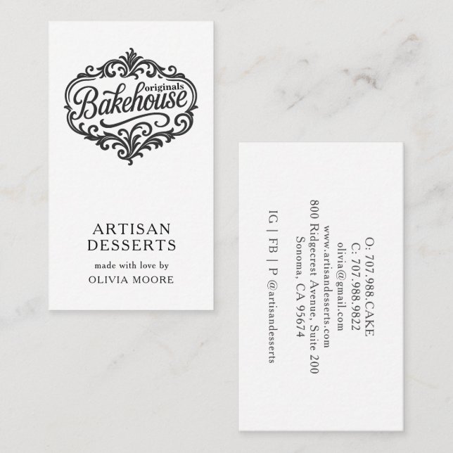 Carte De Visite Elegant Bakery Baker Pastry Chef (Devant / Derrière)