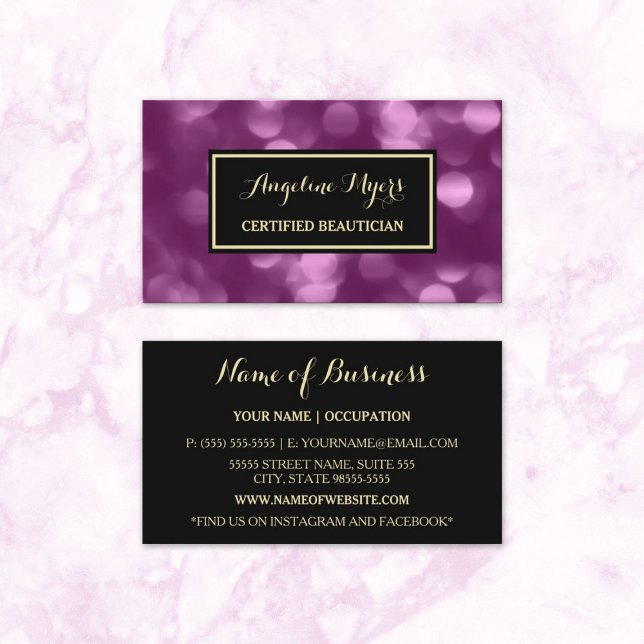 Carte De Visite Elégant Beautician glamour violet Luxe Bokeh (Elegant Beautician Glamorous Purple Luxe Bokeh Business Cards)