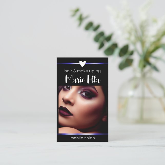 Carte De Visite Elégant Black Blue Lines Photo QR Code Modèle (Debout devant)