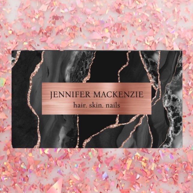 Carte De Visite Elégant Black et Rose Gold Agate Luxe (Créateur téléchargé)