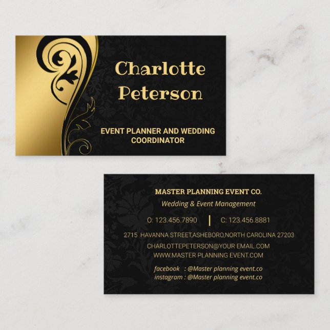Carte De Visite Élégant Black & Gold Floral Event Planner Business (Devant / Derrière)