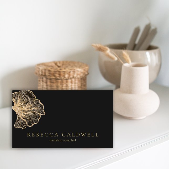 Carte De Visite Élégant Black Gold Floral QR Code (Elegant Black Gold Floral QR Code Business Card)