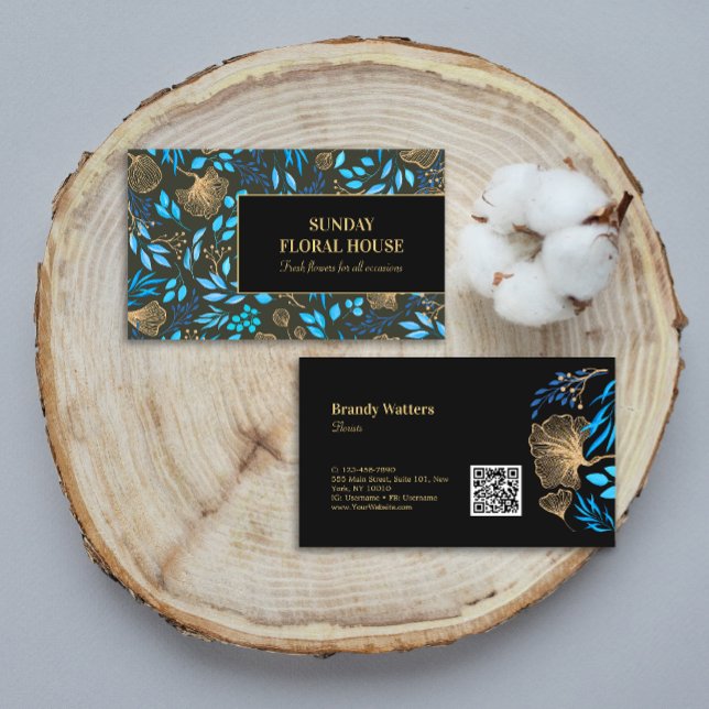 Carte De Visite Élégant Black Gold Ginkgo Floral Feminine (Elegant Black Gold Ginkgo Floral Feminine Business Card)
