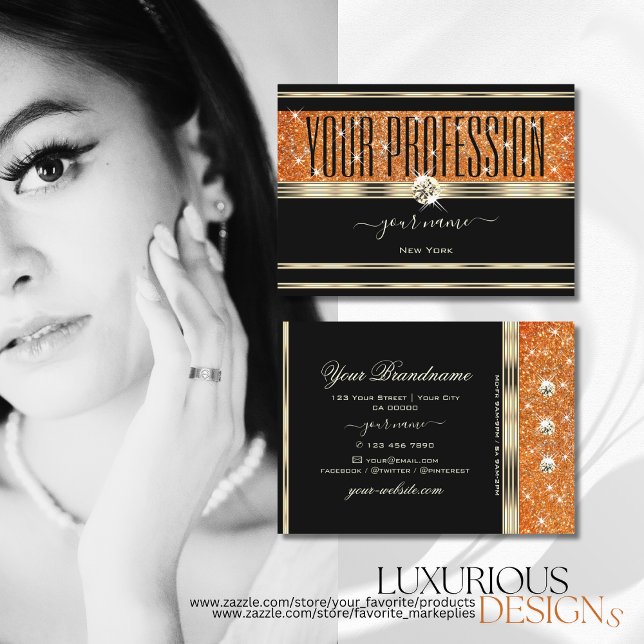 Carte De Visite Elégant Black Gold Orange Sparkle Parties scintill (Créateur téléchargé)