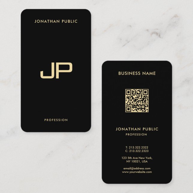 Carte De Visite Elégant Black & Gold QR Code Luxury Premium Silk (Devant / Derrière)