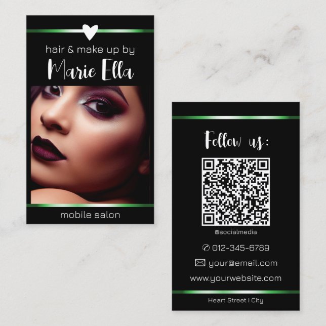 Carte De Visite Elégant Black Green Lines Photo QR Code Modèle (Devant / Derrière)