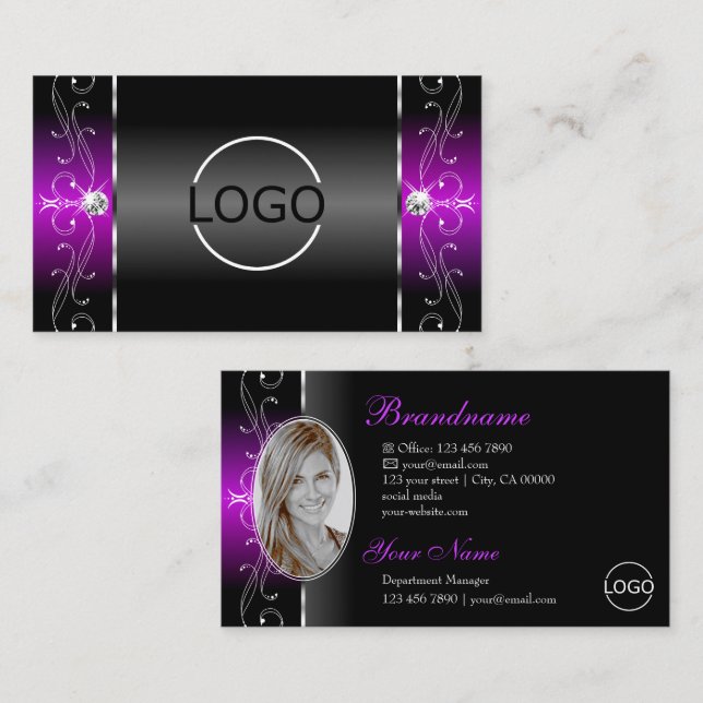 Carte De Visite Élégant Black Purple Squigglé Bijoux Logo & Photo (Devant / Derrière)