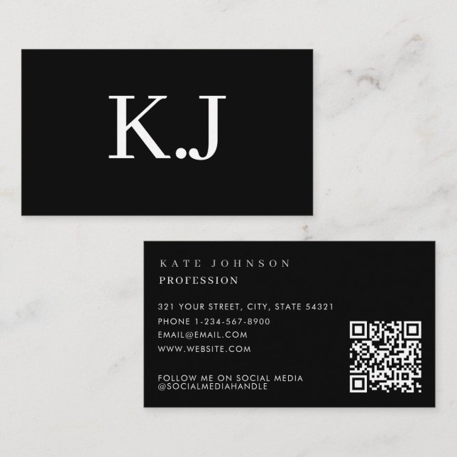 Carte De Visite Elegant Black White Minimalist QR Code Monogram (Devant / Derrière)