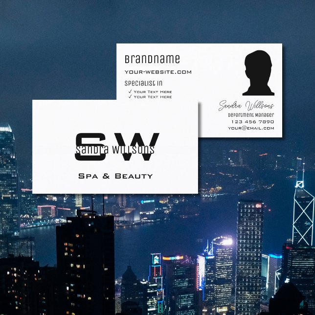 Carte De Visite Elégant blanc clair avec Monogramme et photo moder (Créateur téléchargé)