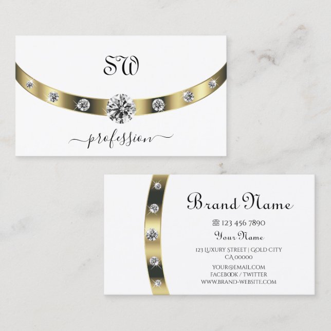 Carte De Visite Elégant Blanc et Or avec Initiales Rhinestones (Devant / Derrière)