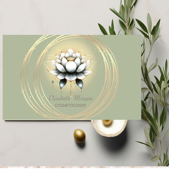 Carte De Visite Élégant blanc Lotus Gold Cercles Vert (Créateur téléchargé)
