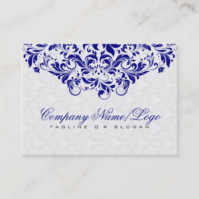 Carte De Visite Elégant blanc & Royal Blue Damas & Swirls (Devant)