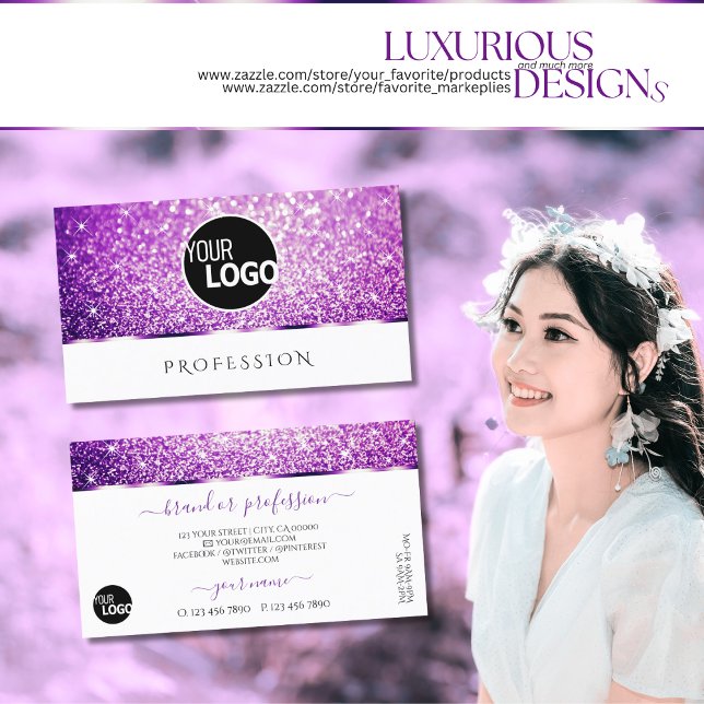 Carte De Visite Élégant blanc violet Parties scintillant Étincelle (Créateur téléchargé)