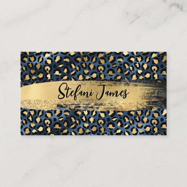 Carte De Visite Élégant Bleu et Gold Foil Leopard Brush Stroke (Devant)