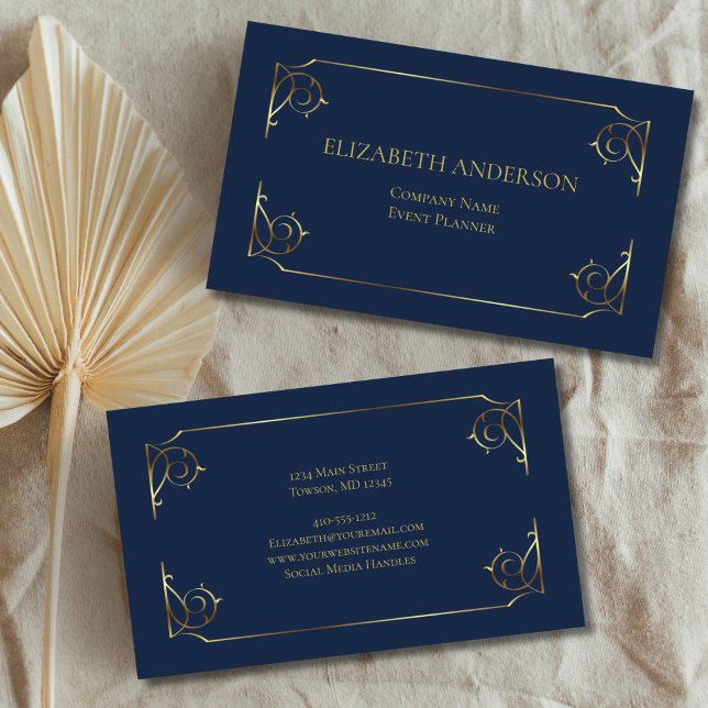 Carte De Visite Élégant Bleu Gold Scroll Minimal (Blue Gold Scroll Minimal Professional Elegant Front Back Business Card)