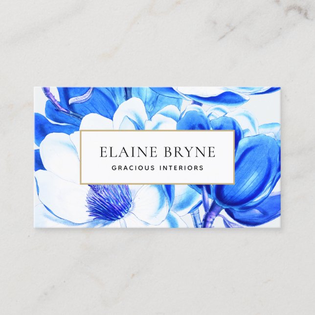 Carte De Visite Elégant bleu Magnolia Aquarelle Floral Business (Devant)