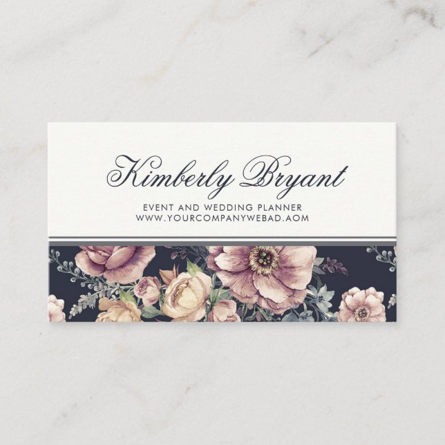 Carte De Visite Elégant bleu marine et floral mauve | Aquarelle (Devant)