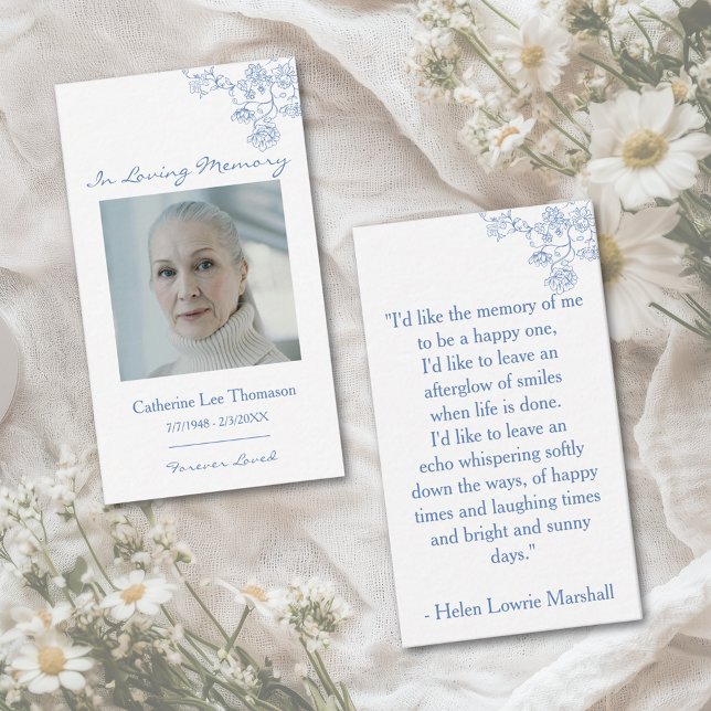 Carte De Visite Elegant Blue Floral Photo Prayer Card (Elegant Blue Floral Photo Prayer Card)