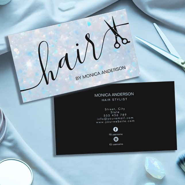 Carte De Visite Elegant Blue Opal Glitter Hair Script Scissors (Elegant Blue Opal Glitter Hair Script Scissors Business Card)
