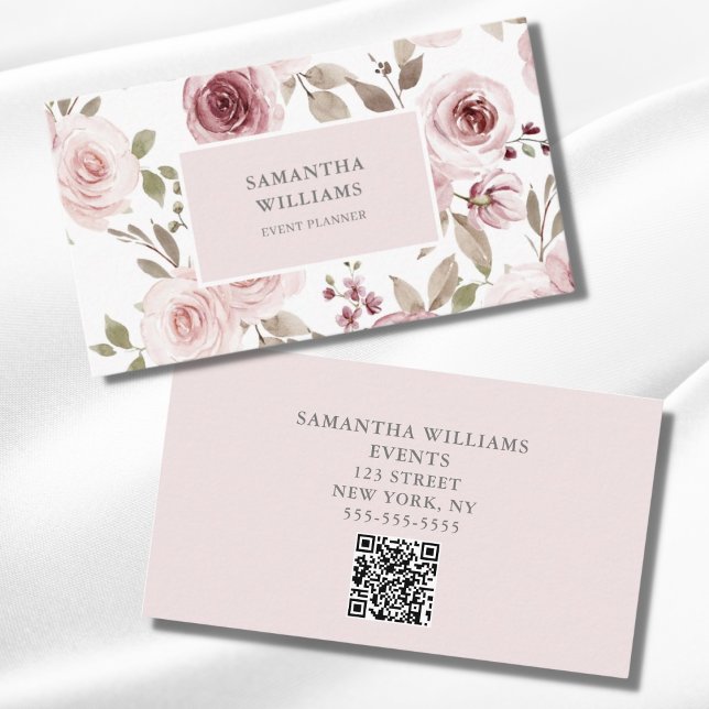 Carte De Visite Élégant Blush Pink Floral Event Planner QR Code (Créateur téléchargé)