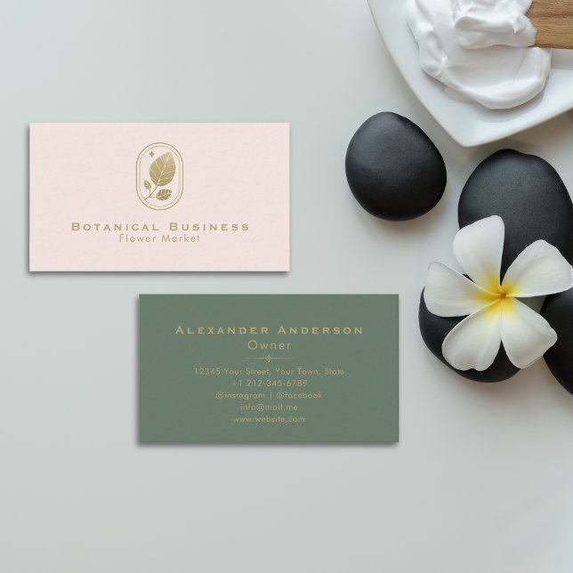 Carte De Visite Élégant Blush rose & or Botanique (Elegant Blush Pink & Gold Botanical Business Card)