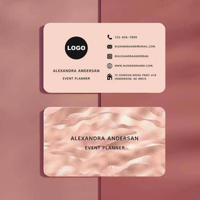 Carte De Visite Élégant Blush Rose Rose Or Waves Entreprise (Elegant Blush Pink Rose Gold Metal Waves Corporate Business Card)