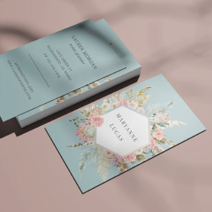 Carte De Visite Élégant Bohème Floral Monogramme Bleu