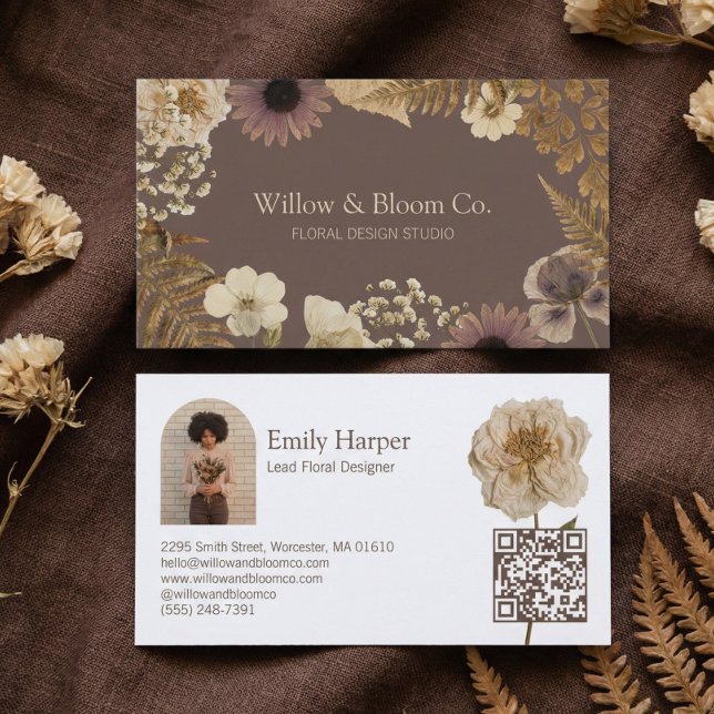 Carte De Visite Elegant Boho Botanical Wildflower Floral Photo QR (Elegant Boho Botanical Wildflower Floral Photo QR Business Card)