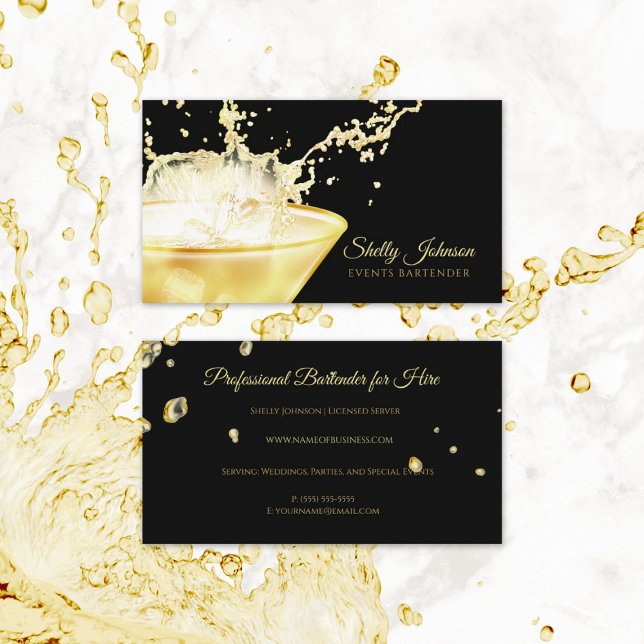 Carte De Visite Élégant Boisson Or Splash Événements Bartender (Elegant Gold Beverage Splash Events Bartender Business Cards)