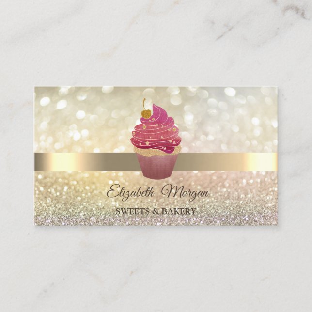 Carte De Visite Elégant Bokeh Gold, Cupcake (Devant)