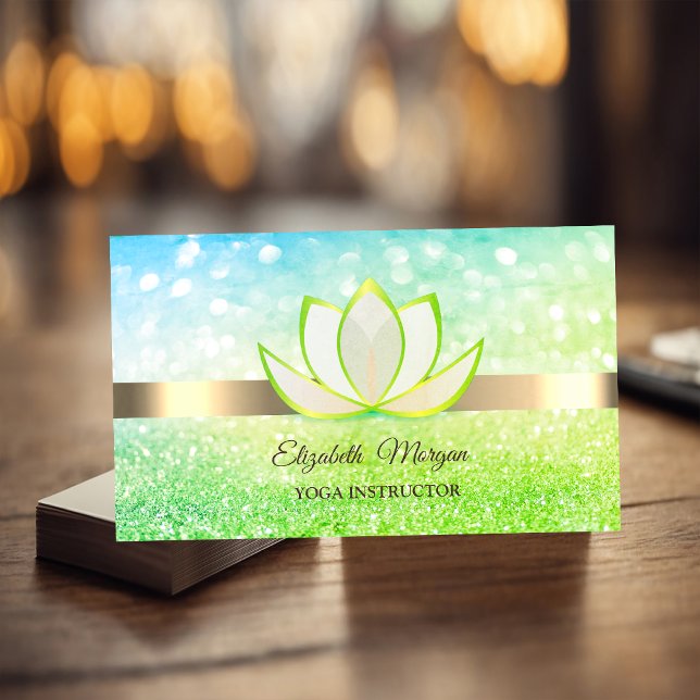 Carte De Visite Elégant Bokeh Gold, Green Lotus Flower Yoga Reiki (Créateur téléchargé)