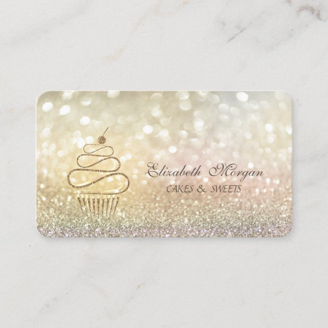 Carte De Visite Elégant Bokeh Gold Parties scintillant Cupcakes (Devant)
