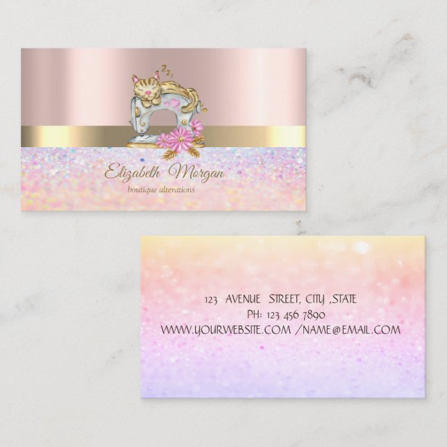 Carte De Visite Elégant Bokeh Gold Stripe, Chat machine à coudre (Devant / Derrière)