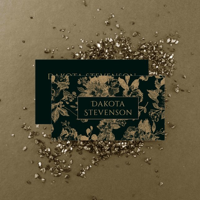 Carte De Visite Élégant botanique | Flore vert foncé et or (Créateur téléchargé)