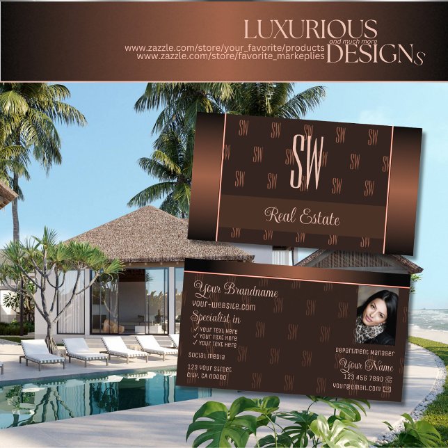 Carte De Visite Élégant Brown avec photo et chic Motif Monogram (Créateur téléchargé)