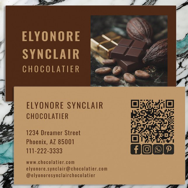 Carte De Visite Elegant Brown Caramel Chocolatier Photo Social QR  (Créateur téléchargé)