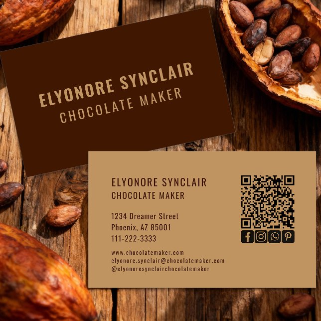 Carte De Visite Elegant Brown Chocolate Maker Social Icon QR Code  (Créateur téléchargé)