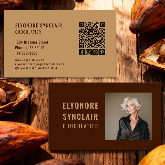 Carte De Visite Elegant Brown Chocolatier Photo Social QR Code  (Créateur téléchargé)