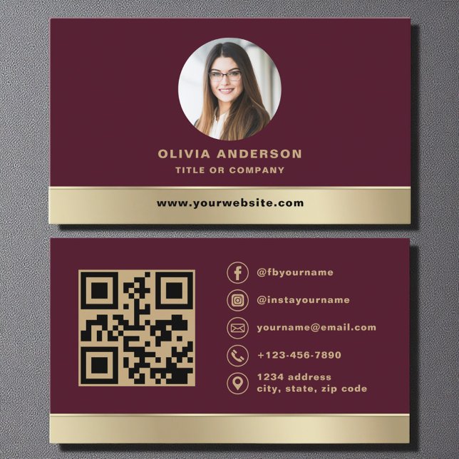 Carte De Visite Elegant Burgundy Gold Logo QR Code Photo (Créateur téléchargé)