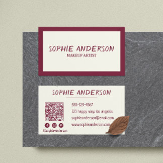 Carte De Visite Elegant Burgundy Makeup Artist with QR Code